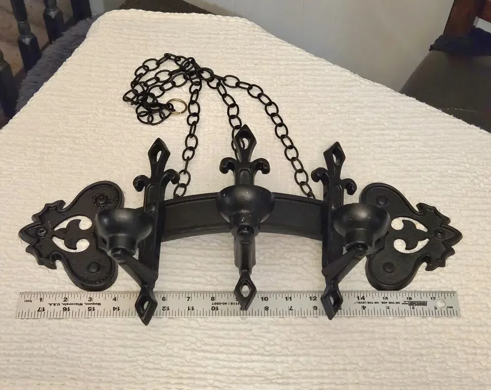 Gothic Wall Sconce 1960s 3 Candle Holders Chains Heavy Black Cast Metal